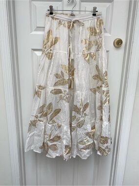 NWT Debbie Katz White Maxi Skirt w Metallic Gold Leaf Print & Drawstring Waist L